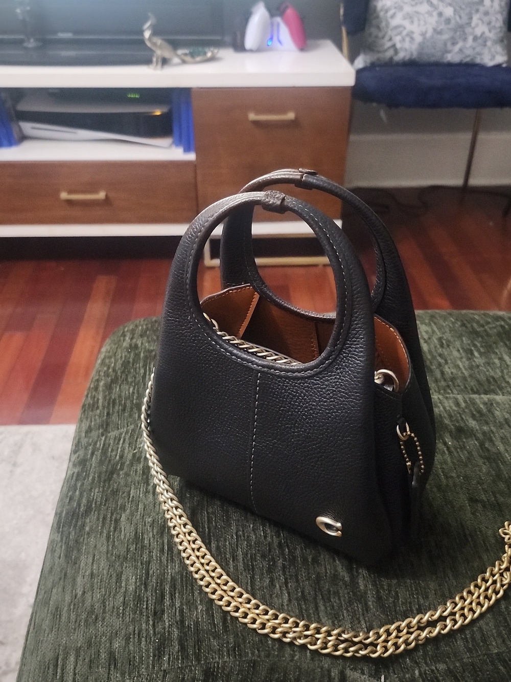 Coach Lana 19 Black Leather Mini Handbag W/Gold Chain
